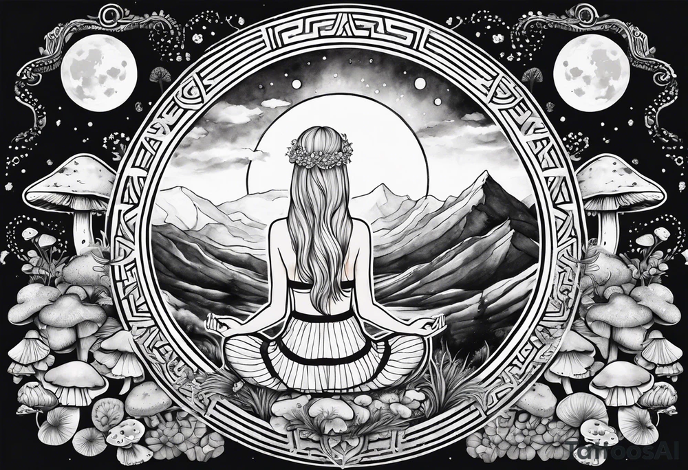 Straight blonde hair girl meditating facing away toward mountains surrounded by mushrooms crescent moon mandala circular design black and white striped dress tattoo idea