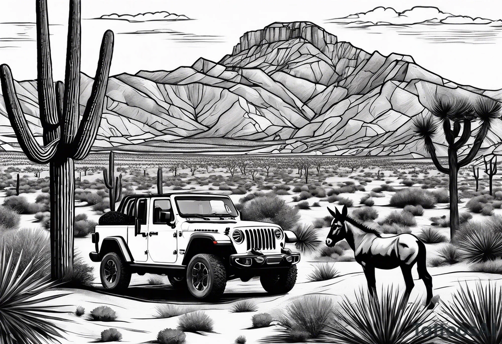 Desert mountain with a donkey and a Joshua tree. J
Jeep gladiator in the background tattoo idea