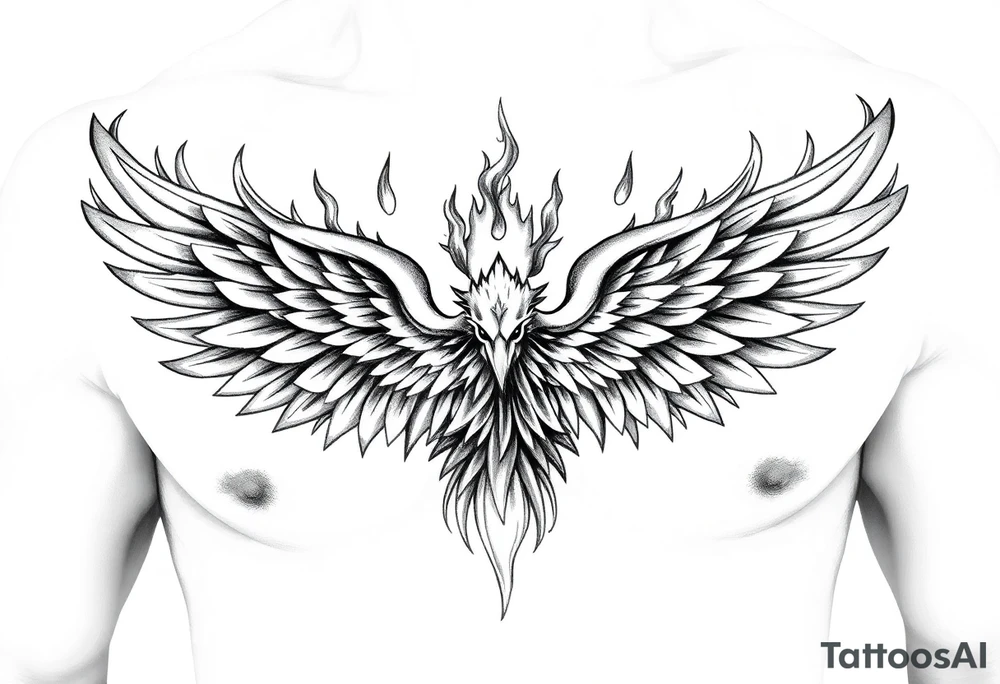 Realistic and symmetrical flaming Phoenix rebirth with spread low wings mapped onto chest
Phoenix head must be in the middle of the chest, straight and symmetrical 
Fire should be surrounding spread wings
Wings should be spread low only on chest muscle tattoo idea