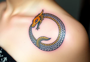 A golden dragon Ouroboros snake forming cyrcle with ruby eyes, its body covered in ancient markings tattoo idea