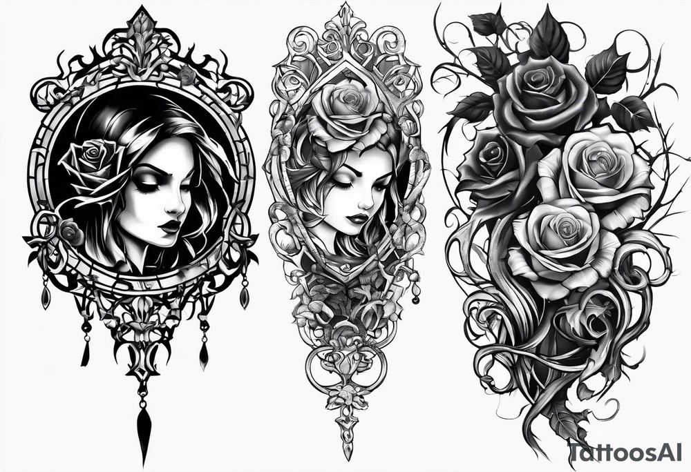 tattoo fool sleeve, old broken gothic castle, broken sword, tree roots break out of the chains, roses tattoo idea
