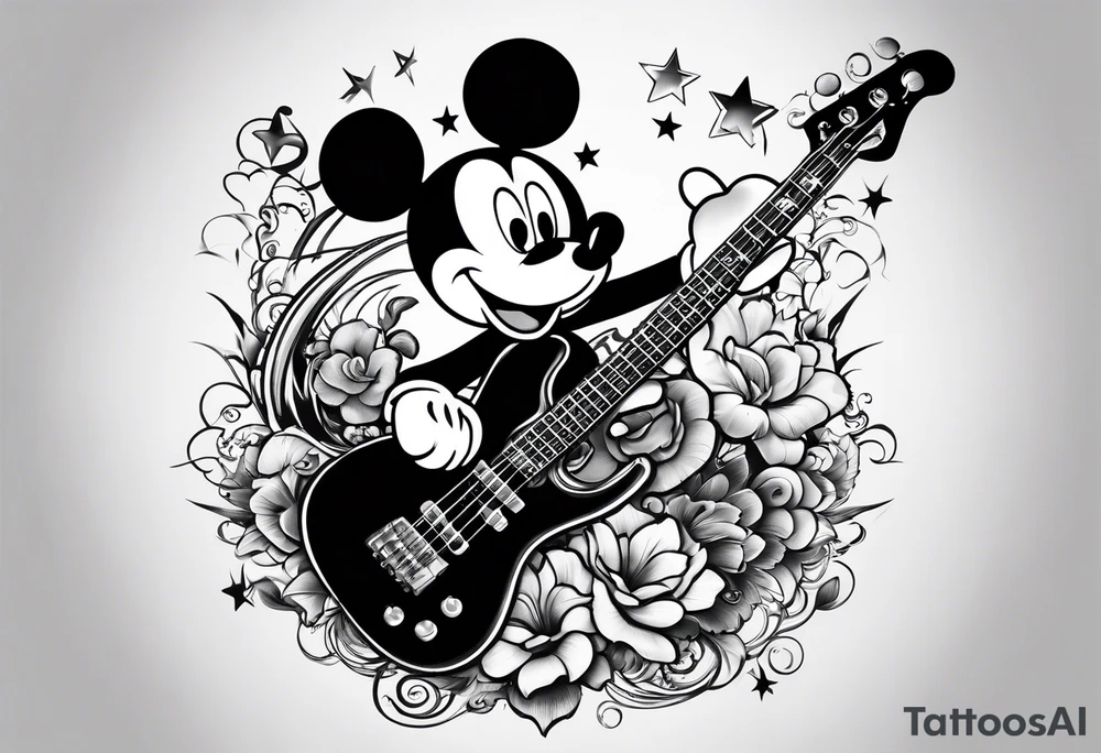 Tattoo full left arm with a collage of a bass guitar, mickey mouse, a caduceus, two stars tattoo idea