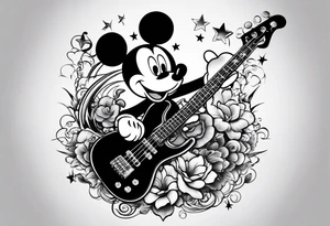 Tattoo full left arm with a collage of a bass guitar, mickey mouse, a caduceus, two stars tattoo idea