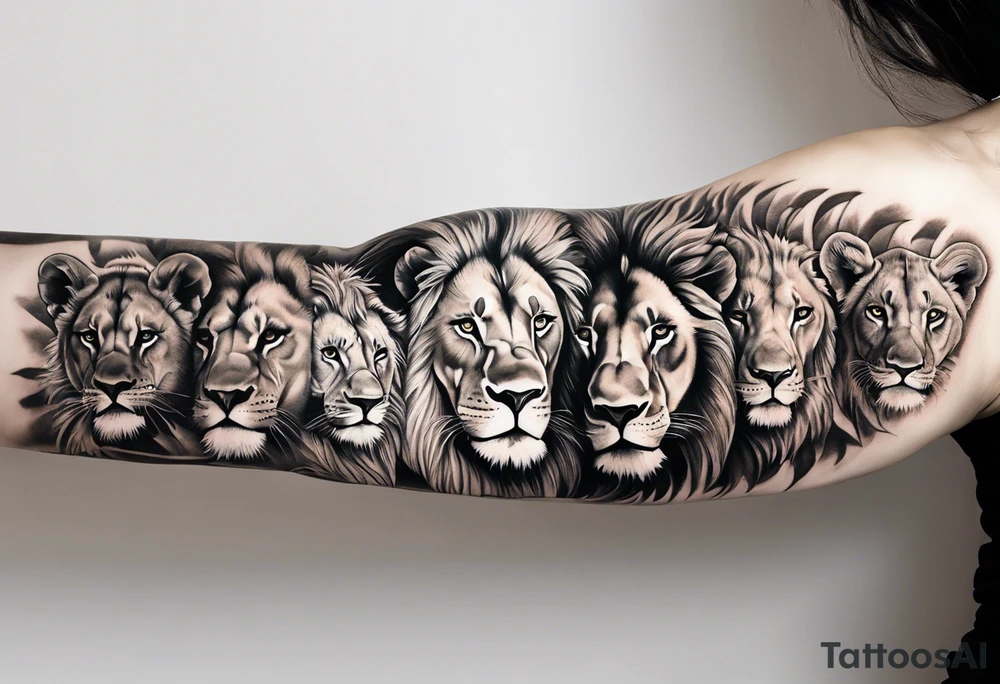Full sleeve tattoo depicting a large lion protecting his lioness and 6 lion cubs. Background should depict a safari scene tattoo idea