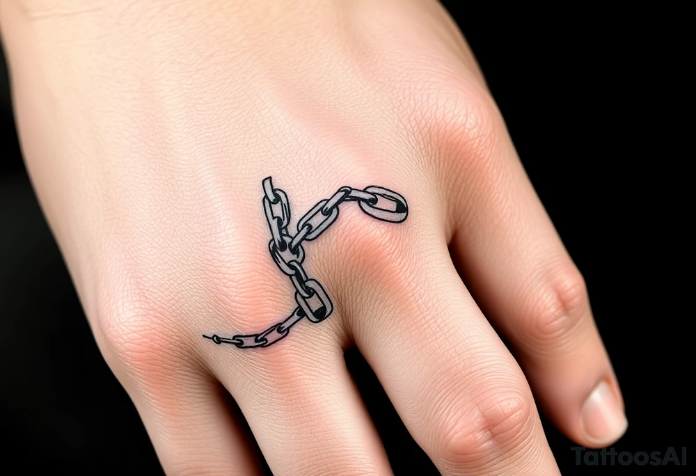 Chains wrapped on thumb and pointer finger connecting together on the hands tattoo idea