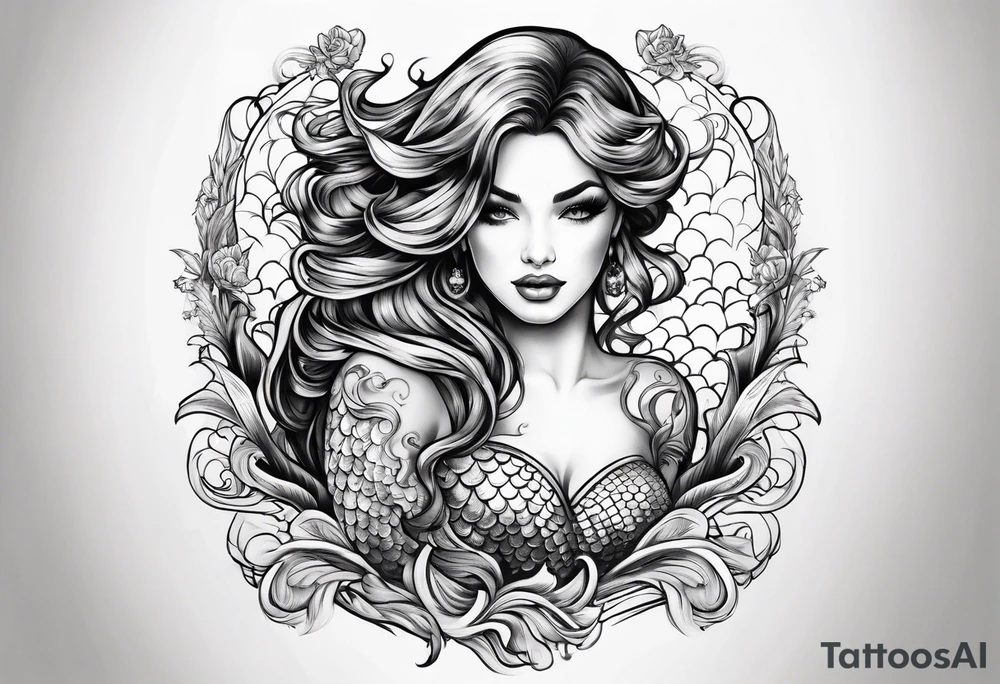 mermaid in line art american tattoo vintage style full body tattoo idea