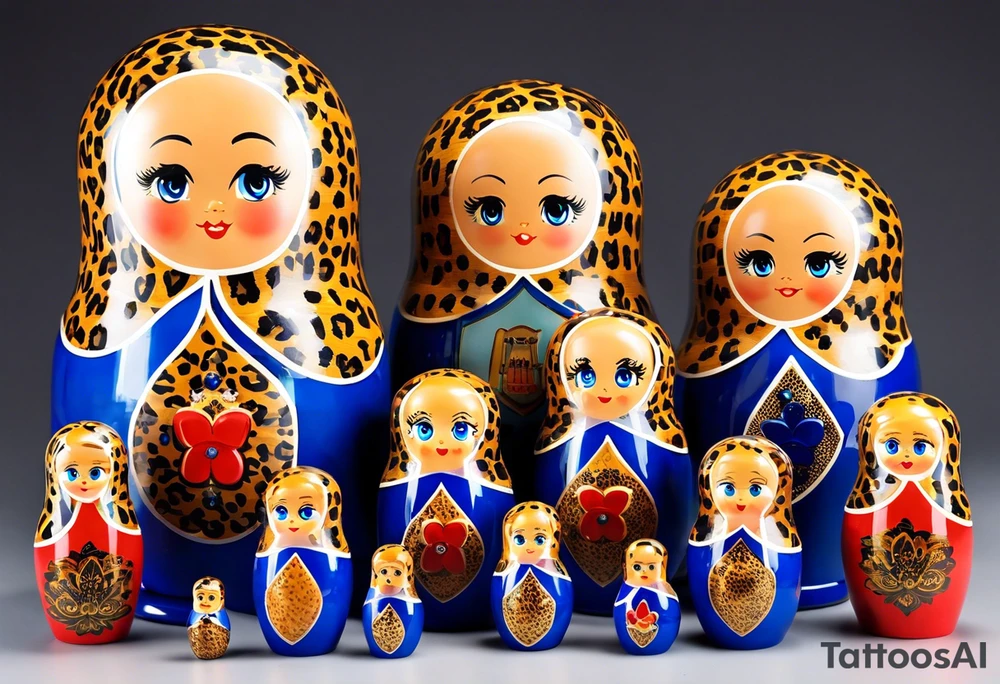 Matryoshka doll family. Each doll is different. Father (biggest doll) has full beard, blue eyes, short brown hair, loves LA Dodgers. Mother (second biggest doll) has blonde bob, blue eyes, thick rimmed black glasses, loves leopard print. Son is 4 years old, blue eyes, blonde spiky hair, loves Paw Patrol. Daughter is 2 years old, blue eyes, long eyelashes, short light brown bob, loves Bluey. tattoo idea