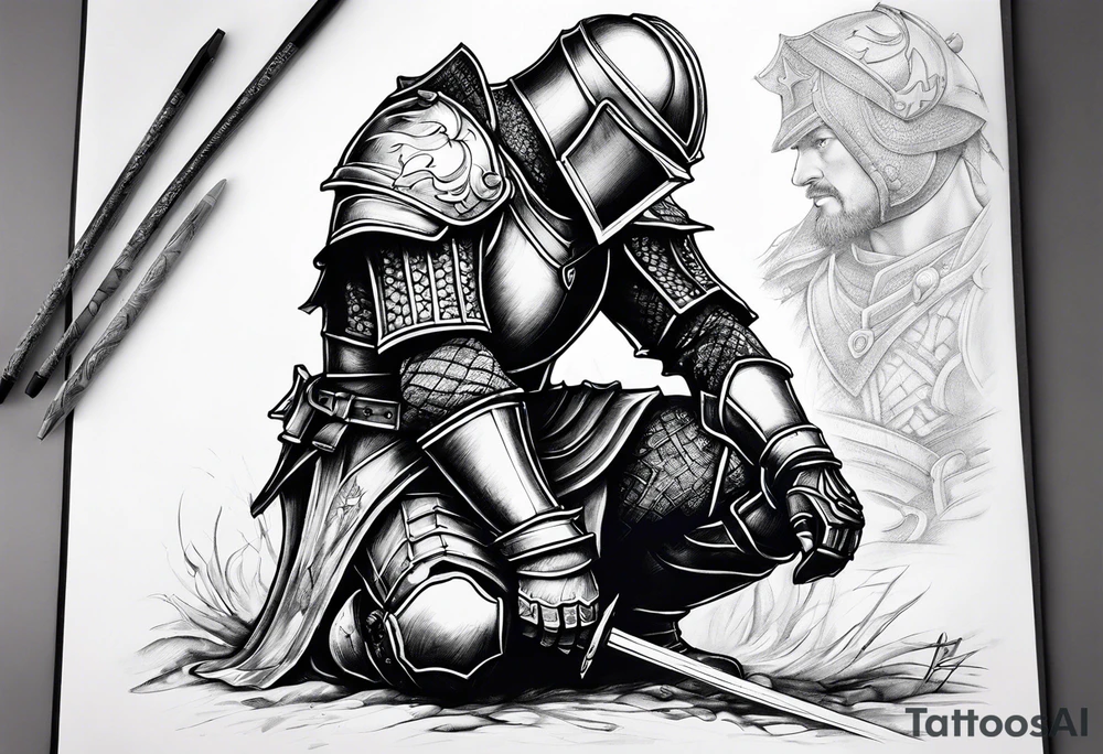 Wounded knight on his knees in battlefield tattoo idea