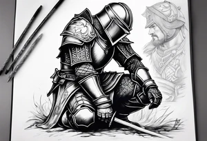 Wounded knight on his knees in battlefield tattoo idea