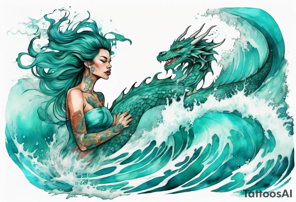 a beautiful turquoise dragon-woman hybrid emerging from an ocean wave, crashing onto the shore tattoo idea