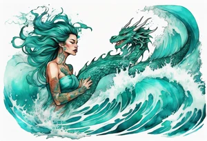 a beautiful turquoise dragon-woman hybrid emerging from an ocean wave, crashing onto the shore tattoo idea