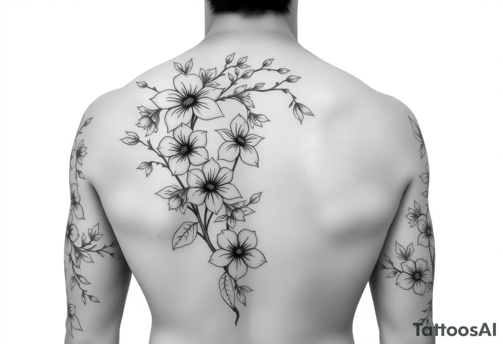 Full sleeve tattoo design of larkspur and hawthorn flowers, highly detailed line art, black ink, elegant botanical style, intertwined composition, no shading, no human mock-up, clean stencil style suitable for tattooing, fit fully within boundaries. LINE ART ONLY, REMOVE HUMAN, NO SKIN tattoo idea