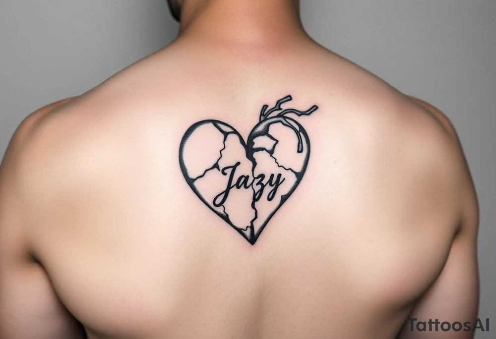 upper arm tattoo -broken heart of a deceased best friend with the name Jazy incorporated tattoo idea