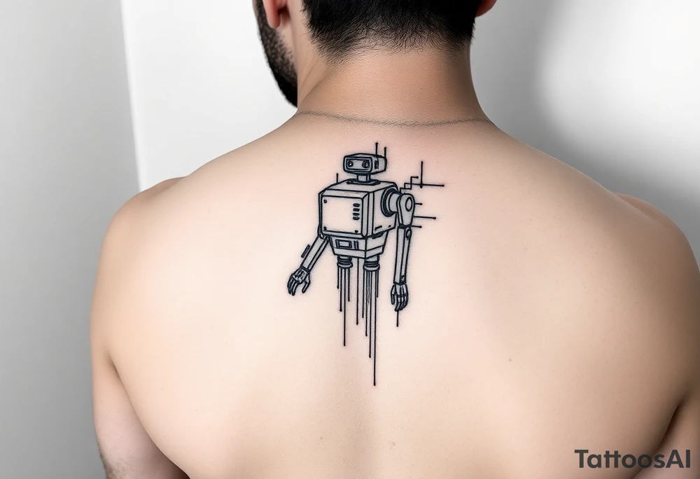 start with a simple line-art robot—give it a subtle glitch effect by offsetting a few circuit lines. Then add the code phrase below or beside it. For his side, mirror that same robot design, but keep the lines clean, and add the "fixed" code phrase. tattoo idea