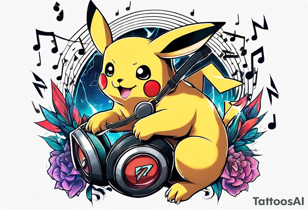 pickachu sitting with a lion listening to music with music notes and thunder bolts tattoo idea