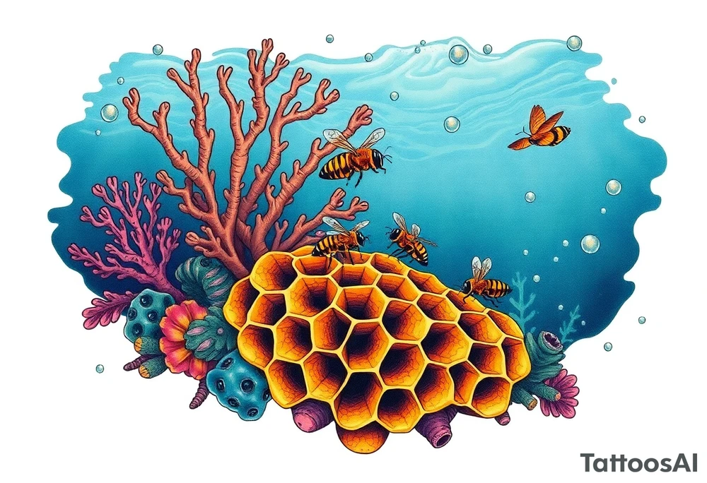Coral reef scene with honey bees swimming on honey comb tattoo idea
