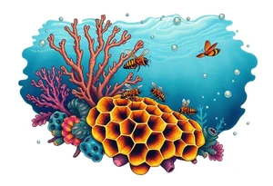 Coral reef scene with honey bees swimming on honey comb tattoo idea