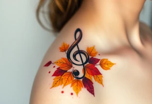 A treble clef surrounded by a cascade of falling autumn leaves, in shades of gold, orange, and deep burgundy, evoking a sense of change and movement tattoo idea