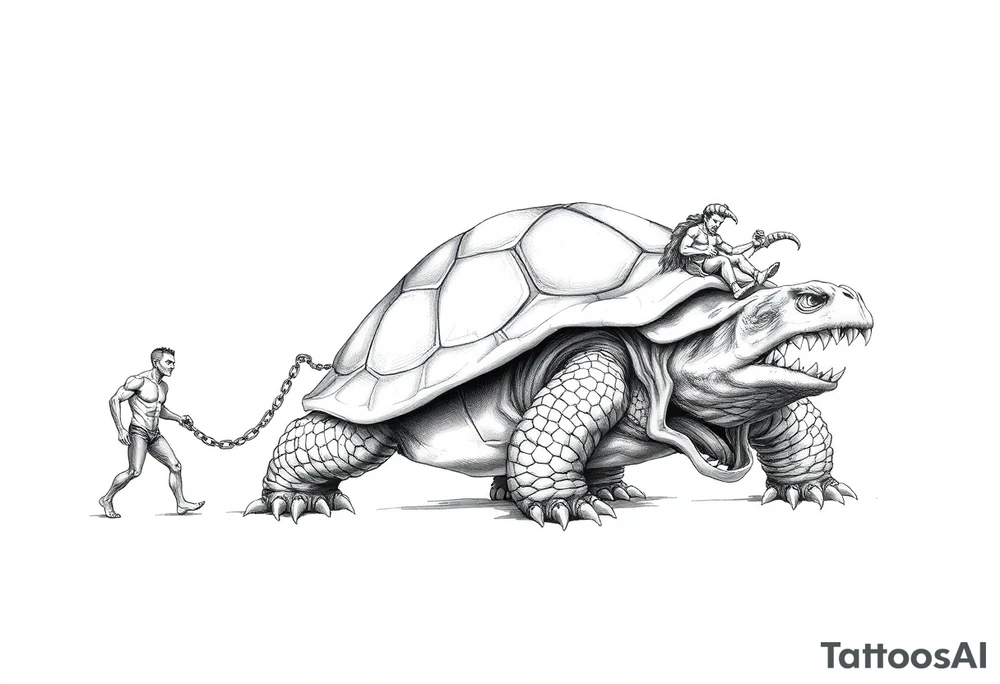 A giant walking 2 slaves on a chain leashan angry turtle with goat horns and huge teeth with a little man riding on his back tattoo idea
