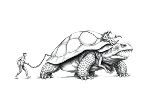 A giant walking 2 slaves on a chain leashan angry turtle with goat horns and huge teeth with a little man riding on his back tattoo idea