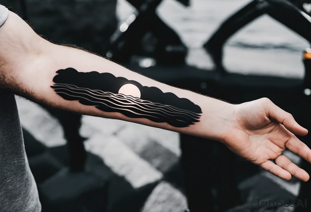 This is an extremely simple and minimalistic tattoo on male forearm. It is black and white with no color. The tattoo 6 inches wide by 3 inches tall. From the perspective of being on the ocean, Water is calm, with no waves in sight, the sun is setting behind the ocean, reflecting light onto the ocean. tattoo idea
