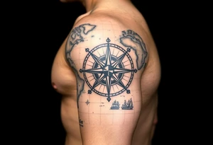 antique compass rose overlaid on weathered world map with sailing ships tattoo idea