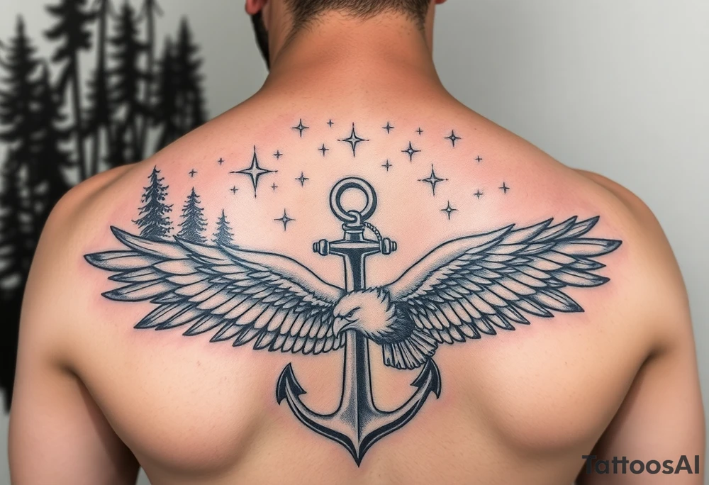 Father time and the Keeper of the stars with a Forest backround, a hidden anchor, and 
Canadian Air force eagle tattoo idea