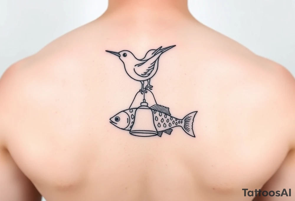 minimal fine line bird, bell and fish tattoo tattoo idea