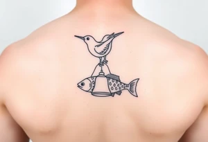 minimal fine line bird, bell and fish tattoo tattoo idea