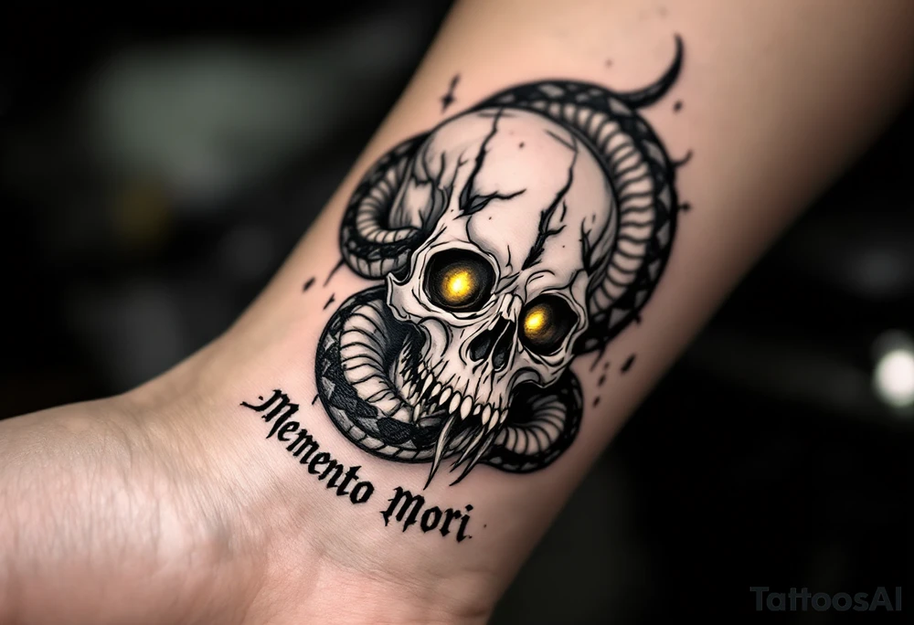A snake coiled around a white skull, eyes glowing yellow, with "memento mori" beneath in crumbling black ink. tattoo idea