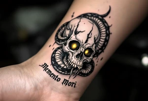 A snake coiled around a white skull, eyes glowing yellow, with "memento mori" beneath in crumbling black ink. tattoo idea