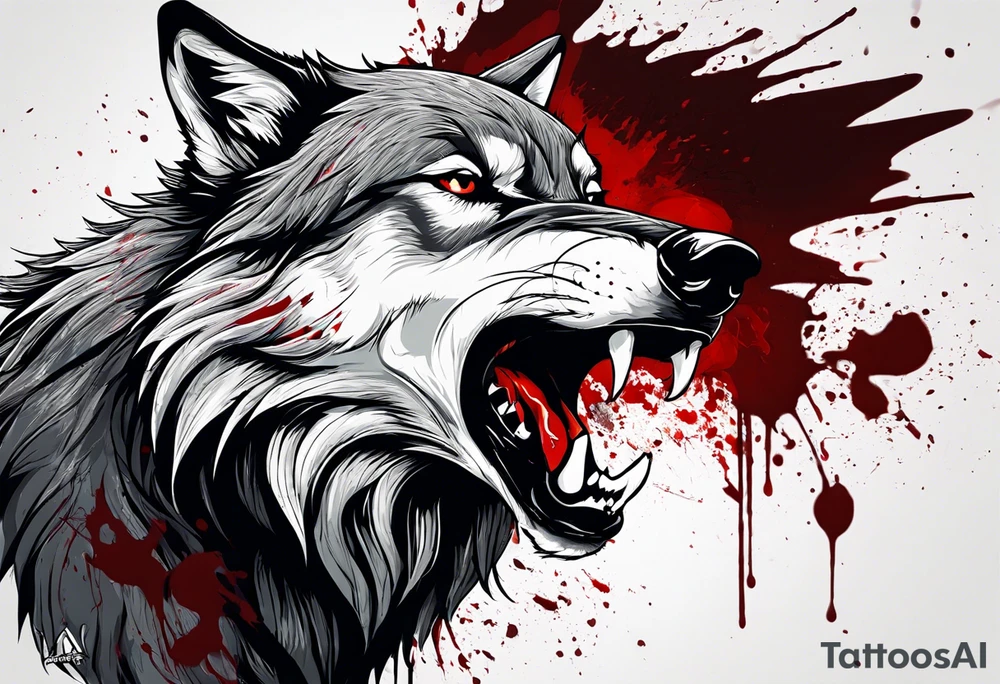 Create aggressive WOLF, with some blood coming out of his mouth and saliva. BLOOD IN THE BACKGROUND. Make it a drawing and use the image of reference. I am going to add. I want HIM TO BE ANGRY WITH RED EYES use VICIOUS WOLF THATS ANGRY tattoo idea