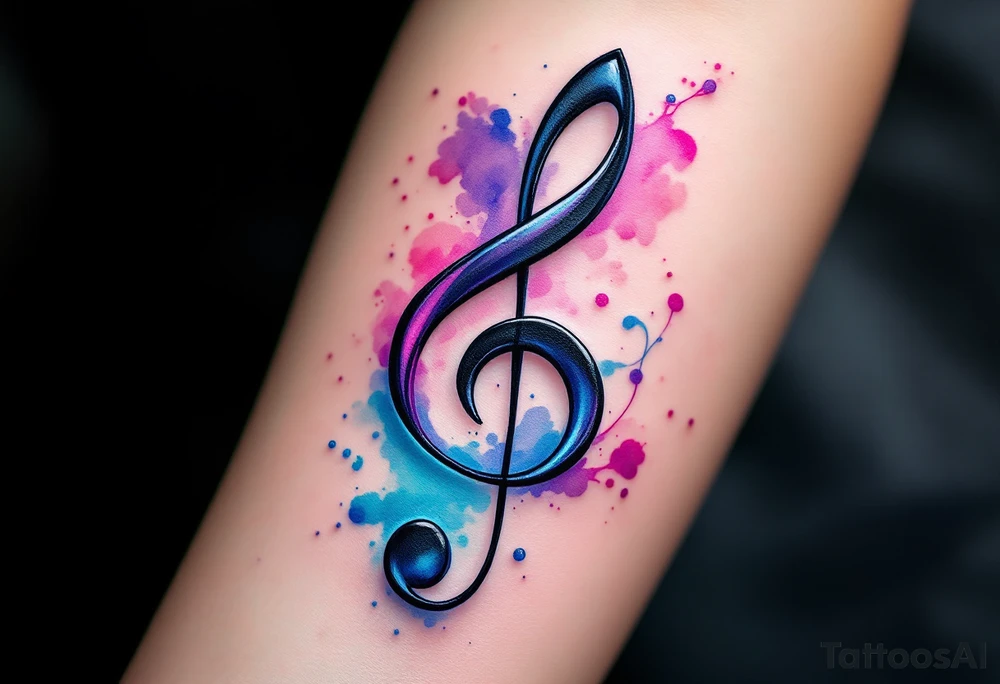 ChatGPT řekl:
A sleek black treble clef with smooth curves, wrapped in a flowing ribbon of deep violet and electric blue, with soft watercolor splashes in pink and turquoise behind it for a dreamy, artistic effect. tattoo idea