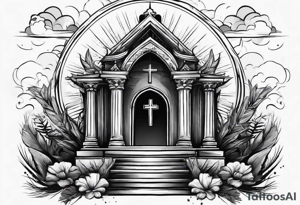 Tomb with cross and sun in the background tattoo idea