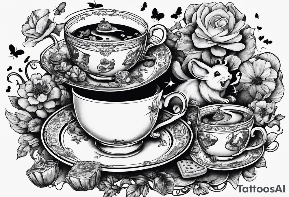 Alice in wonderland falling with tea cup, eat me cookie, butter toast flys, mouse falling tattoo idea