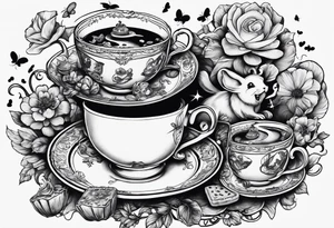 Alice in wonderland falling with tea cup, eat me cookie, butter toast flys, mouse falling tattoo idea