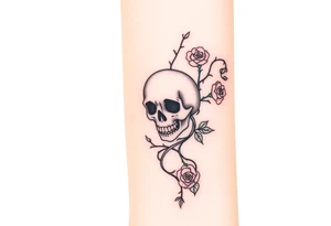 gothic skull intertwined with climbing roses and thorny vines tattoo idea