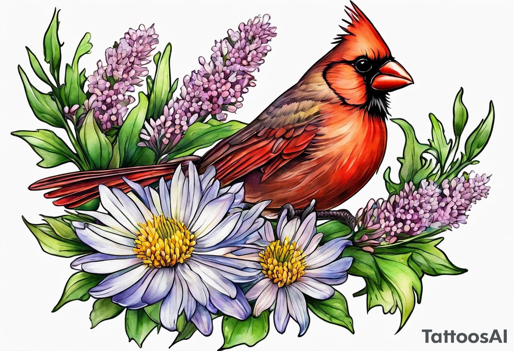 Aster flowers and sea rocket flowers with a cardinal around the words Dad tattoo idea