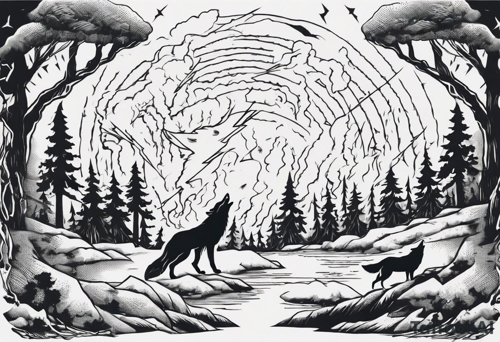 a thunder and lightning storm over a forest with a distant wolf howling and a drum circle tattoo idea
