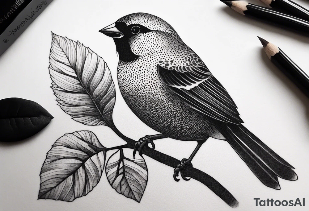 “Generate a simple tattoo design of a finch, showcasing its distinctive shape and a few delicate leaves to enhance the composition.” tattoo idea