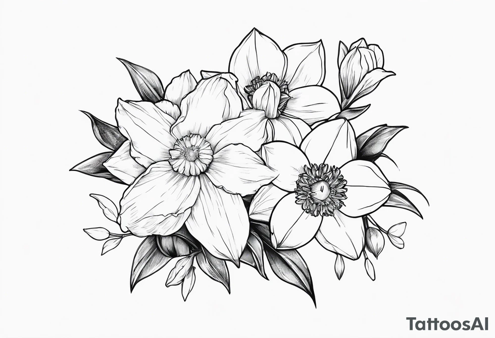 Dainty Bouquet Held together with a bow:
DAFFODIL
JONQUIL
ASTER
MORNING GLORY tattoo idea