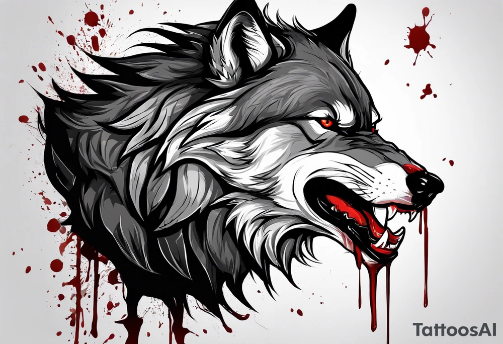 Create aggressive WOLF, with some blood coming out of his mouth and saliva. BLOOD IN THE BACKGROUND. Make it a drawing and use the image of reference. I am going to add. I want HIM TO BE ANGRY WITH RED EYES use VICIOUS WOLF THATS ANGRY tattoo idea