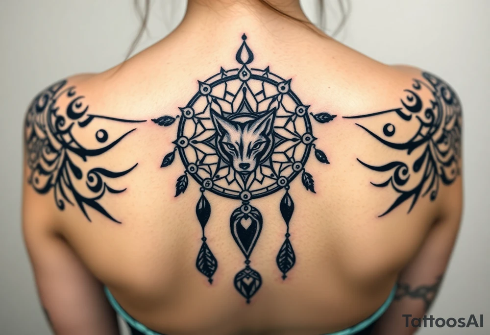 Dreamcatcher with zodiac symbols and protection runes caught in it with wolf teal tattoo idea