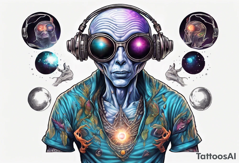 A realistic portrait of an extraterrestrial DJ with a glowing pineal gland tattoo idea
