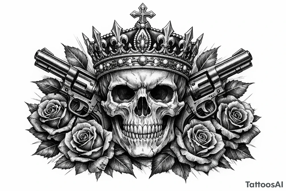 Close-up skull, ornate crown, revolvers, dark roses, realistic tattoo style. tattoo idea