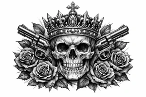 Close-up skull, ornate crown, revolvers, dark roses, realistic tattoo style. tattoo idea
