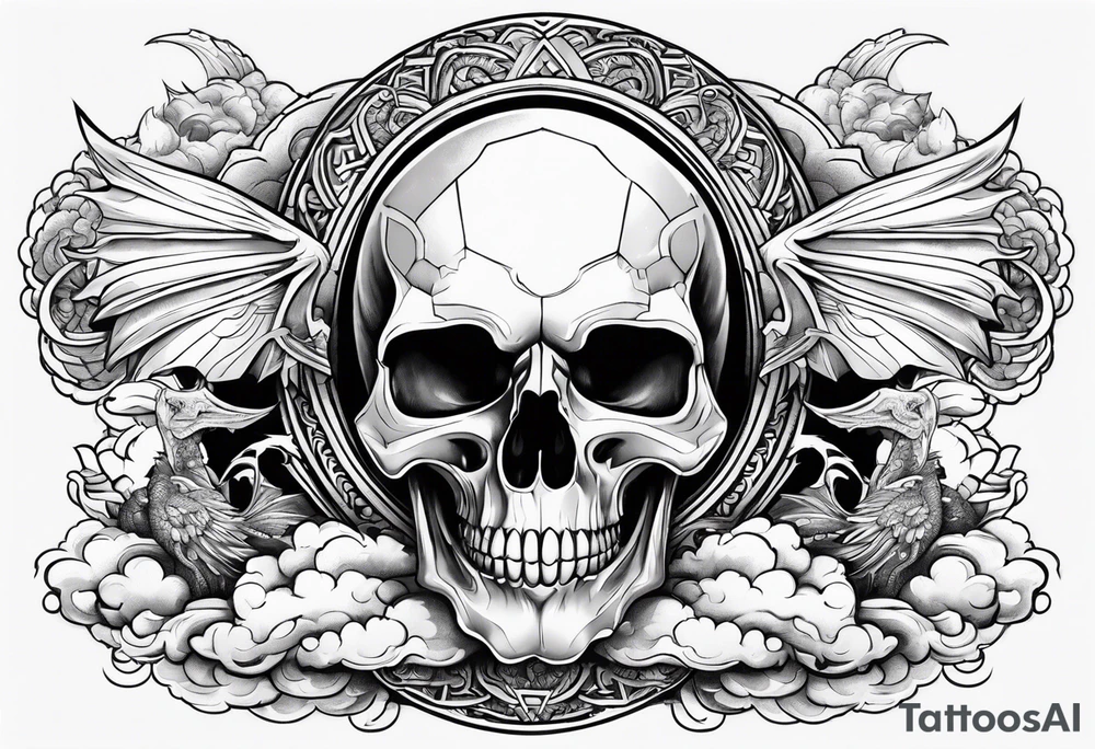 Powerful Majestic skull on top of dragon with clouds on boarder tattoo idea