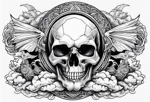 Powerful Majestic skull on top of dragon with clouds on boarder tattoo idea