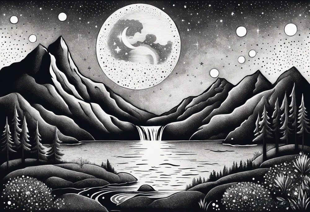 nature with mountains, waterfall, water, and a cross in the background and and moon/sun in the sky with stars tattoo idea