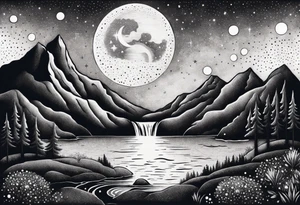 nature with mountains, waterfall, water, and a cross in the background and and moon/sun in the sky with stars tattoo idea